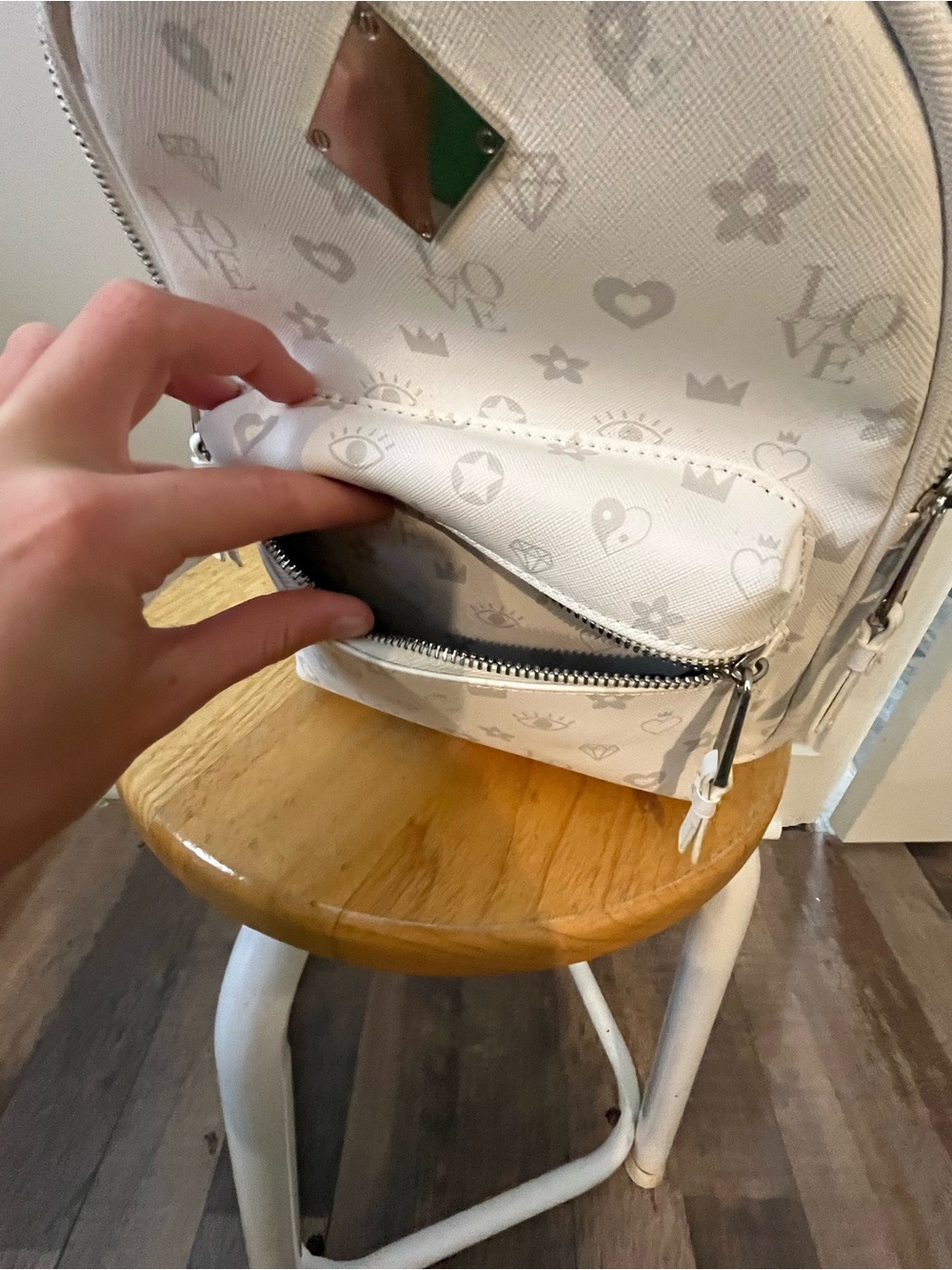 Claire's White Mini Backpack with Light Gray Icon Print - Picture 5 of 5